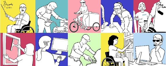 Personnes dans différentes situations de travail avec/sans handicap.