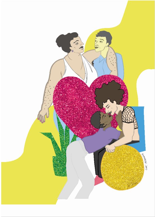 Illustration de personnes se serrant dans les bras et s'abrassant avec un cœur brillant au milieu