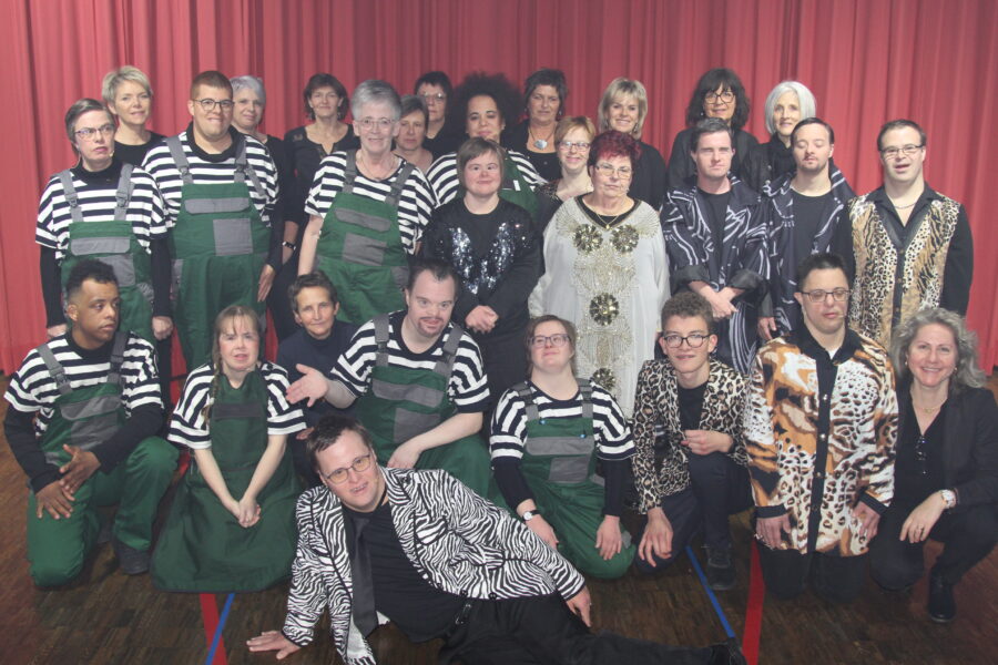 Photo de groupe des acteurs ayant pris part au film "Star d'un instant". Ils posent devant un rideau rouge et portent pour certains des tabliers verts sur un pull rayé noir et blanc et pour d'autres de magnifiques vestes bariolées.