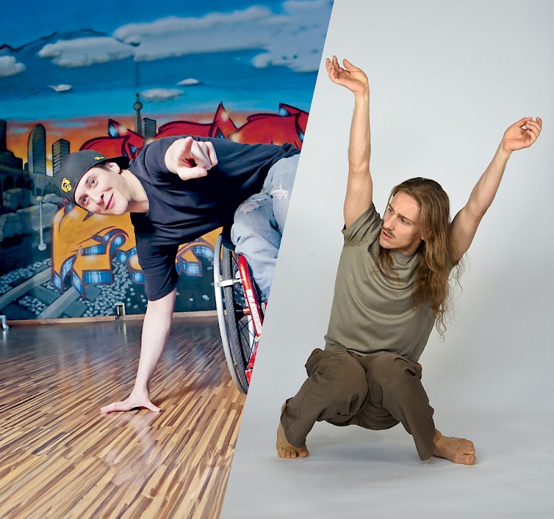 Photos des deux intervenants de la journée. Louis Amport à gauche, il est assis sur sa chaise roulante et pointe de l'index gauche l'objectif. Sa main droite est appuyée au sol. A droite, Macime Jeannerat fait un mouvement de danse. Il est accroupi et sa tête regarde à droite.